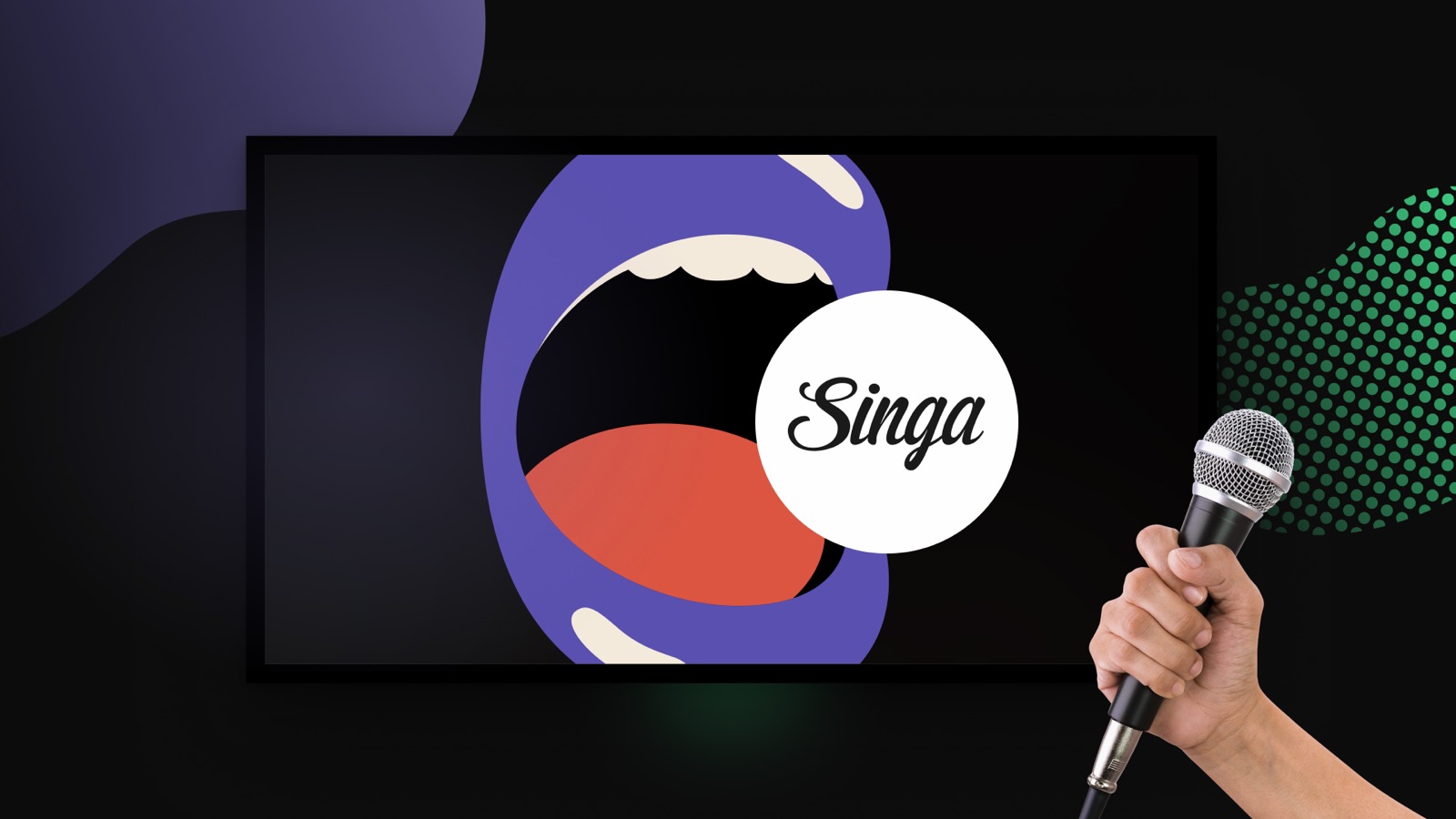The Singa karaoke app on a TV screen, with a hand holding a microphone